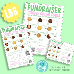 Op de afbeelding: Koekjesbestelformulieren met een groen-roze gestreepte rand. De formulieren hebben een lijst met koekjessoorten met ruimtes om het aantal gewenste dozen te schrijven. De tekst "Fundraiser Cookie Order Form" is opgenomen.