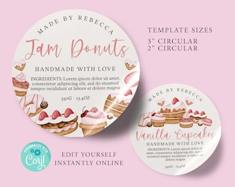 ROUND Dessert Editable Product Sticker, BAKING Custom Product Label, 3", 2", DIY Round Sticker, Circular, Sweets Diy Label, Printable, Corjl