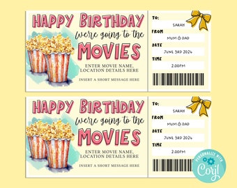 Birthday MOVIES Editable Gift Ticket Template, Happy Birthday Gift Certificate, Surprise Ticket, Getaway, INSTANT, Cinema, Film tickets