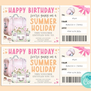 Modèle de billet cadeau modifiable anniversaire voyage HAWA, carte-cadeau joyeux anniversaire, chèque-cadeau, billet surprise, vacances à la plage, escapade
