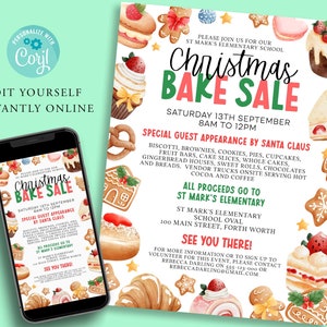 Plantilla editable para recaudación de fondos sociales de venta de pasteles de NAVIDAD, volante imprimible, volante de PTA, recaudación de fondos de la escuela, la iglesia o la comunidad, pasteles y magdalenas