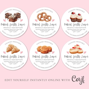 Etiqueta redonda editable para productos DULCES, etiqueta personalizada para hornear, 7,6 cm, 5 cm, etiqueta redonda para hacer tú mismo, etiqueta redonda para postres, etiqueta para hacer tú mismo, imprimible, Corjl