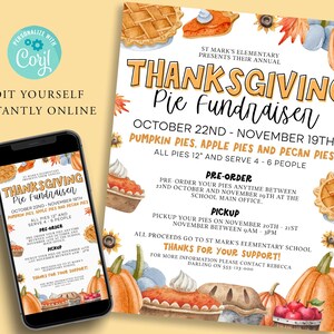 Puede incluir: Un folleto de recaudación de fondos para tartas de Acción de Gracias con un fondo de acuarela que presenta calabazas, hojas de otoño y tartas. El folleto anuncia tartas de calabaza, manzana y nuez pecana, disponibles para pedidos anticipados del 22 de octubre al 19 de noviembre y para recoger el 20 y 21 de noviembre. El folleto también incluye la información de contacto de Rebecca Darling.