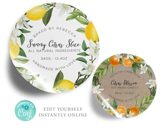 Oranges & Lemon ROUND Editable Product Sticker, ORGANIC Custom Product Label, 3", 2",Label, DIY Round Sticker, Kraft Round, Label, Printable