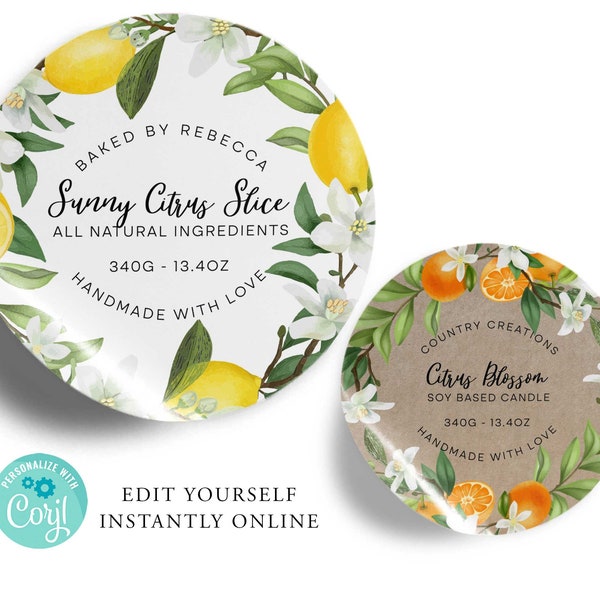 Oranges & Lemon ROUND Editable Product Sticker, ORGANIC Custom Product Label, 3", 2",Label, DIY Round Sticker, Kraft Round, Label, Printable