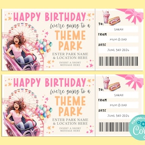 Birthday THEME PARK Editable Gift Ticket Template, Birthday Gift Certificate, Surprise Ticket, Getaway, INSTANT, Carnival, Amusement Park