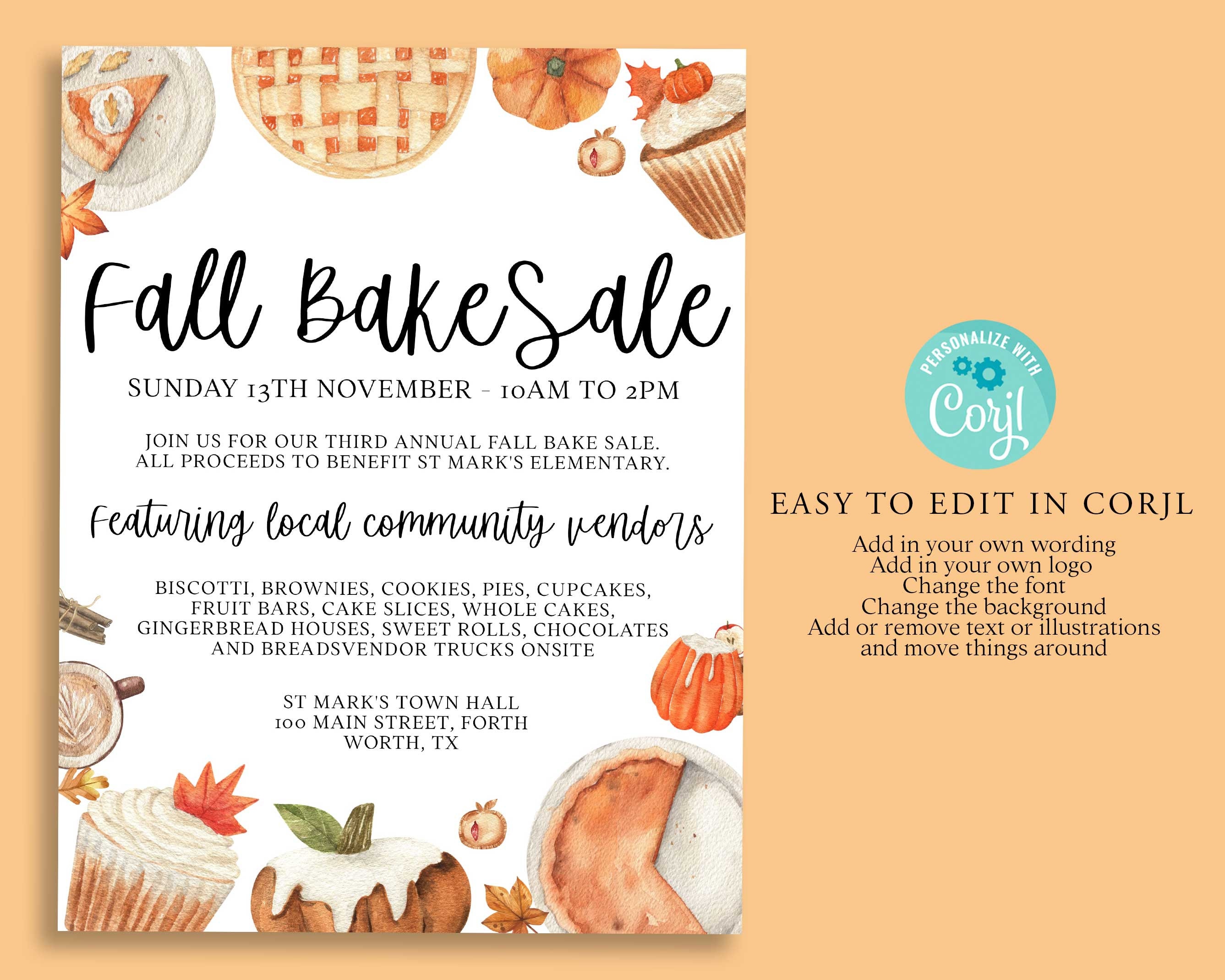 Editable FALL Bake Sale Flyer Template, DIY, Event Poster, Harvest ...