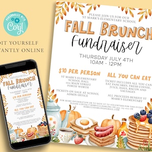 May include: Fall Brunch Fundraiser invitation with a watercolour illustration of autumn leaves, a teapot, a plate of pancakes, and a cup of coffee. The invitation is for St. Mark's Elementary School and is on Thursday, 4th July from 10am to 12pm. The cost is £10 per person and includes all you can eat pancakes, fresh coffee, juice, eggs, bacon, and sausages. All proceeds benefit St. Mark's Elementary.