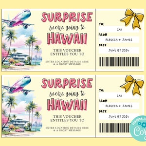 Billet cadeau voyage surprise à HAWA, carte-cadeau joyeux anniversaire, chèque-cadeau, billet surprise, vacances à la plage, escapade, Corjl IMPRIMABLE