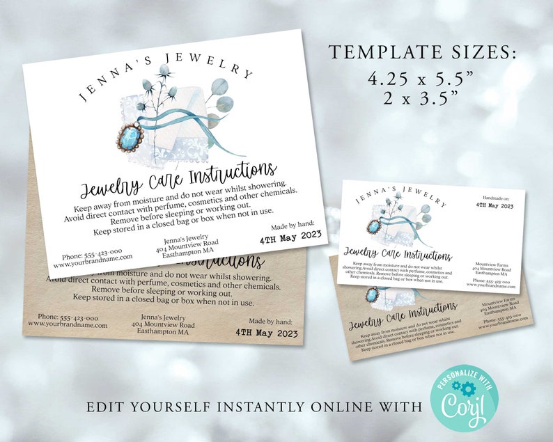 Puede incluir: Una ilustraci&oacute;n acuarela azul claro y blanco de una caja de joyer&iacute;a con un collar de piedra turquesa. El texto "Jenna's Jewelry" y "Jewelry Care Instructions" est&aacute; impreso en la tarjeta. La tarjeta mide 4,25 pulgadas por 5,5 pulgadas o 2 pulgadas por 3,5 pulgadas.