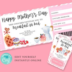 Bewerkbaar ontbijt op bed cadeaubon, Moederdag, Happy Birthday Voucher, cadeaubon, verrassingsticket, moederdag, Corjl PRINTBAAR