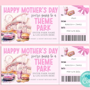 Mothers Day THEME PARK Editable Gift Ticket Template, Birthday Gift Certificate, Surprise Ticket, Getaway, INSTANT, Carnival, Amusement Park