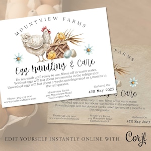 EGG HANDLING Instruction Card Template, Fresh Egg Care Label, Egg Carton Label, Farmers Market, Egg Care Card, Printable, Instant Corjl