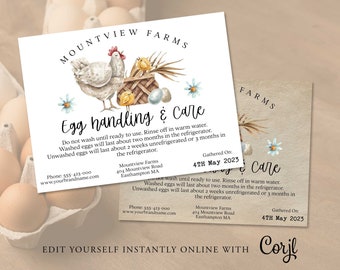 Plantilla de tarjeta de instrucciones para el manejo de huevos, etiqueta de cuidado de huevos frescos, etiqueta de cartón de huevos, mercado de agricultores, tarjeta de cuidado de huevos, imprimible, Corjl instantáneo