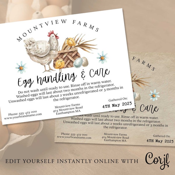 EGG HANDLING Instruction Card Template, Fresh Egg Care Label, Egg Carton Label, Farmers Market, Egg Care Card, Printable, Instant Corjl