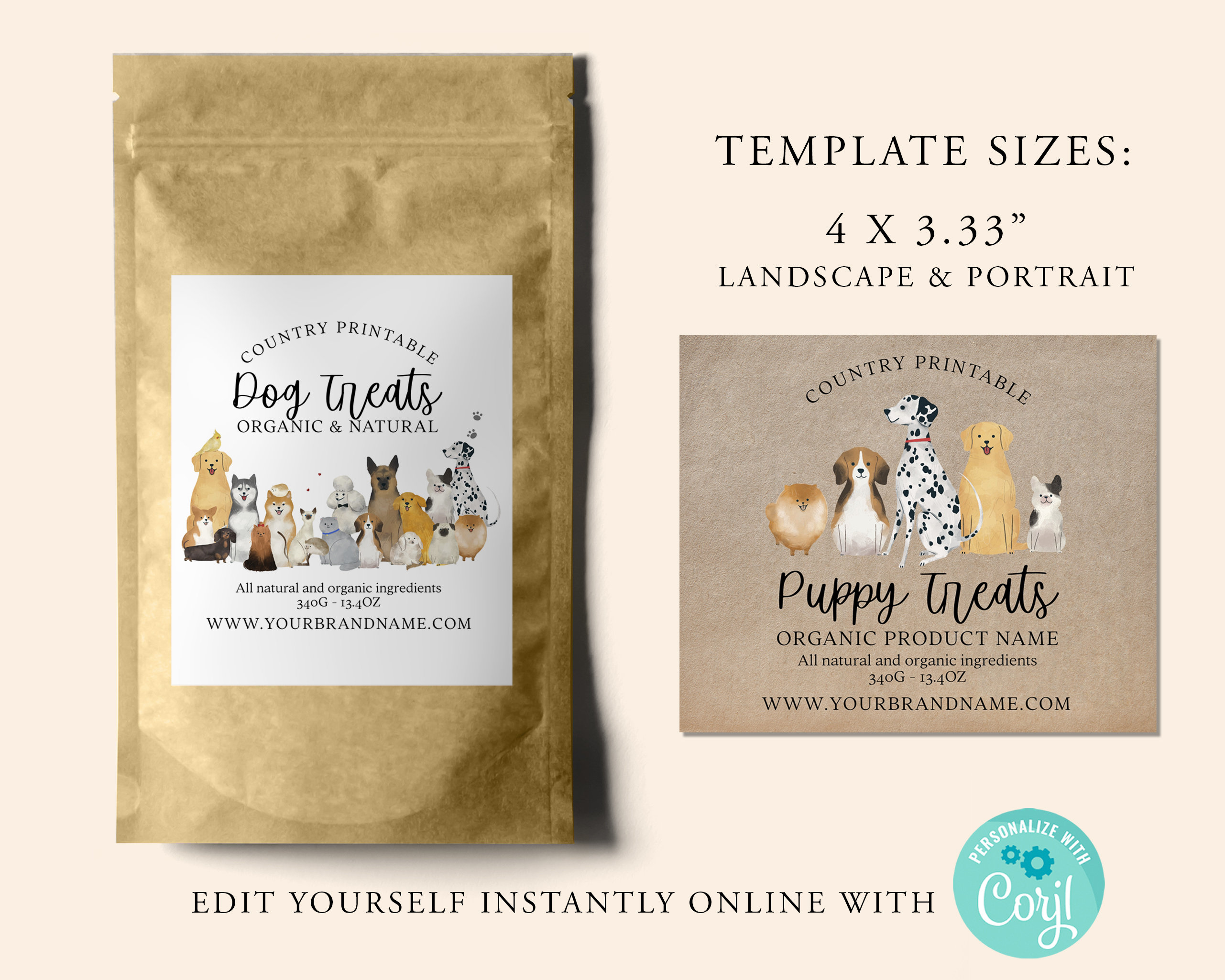 PET FOOD Editable Product Sticker, Treats, Chews, Product Label, Diy Square label, DOG, cat, Kraft, Diy Label template, Printable, Corjl