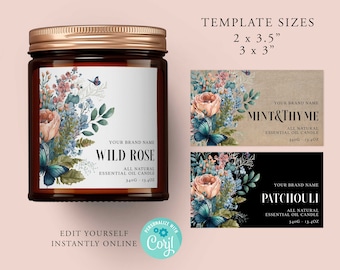 VINTAGE FLORAL Editable Candle Label, Editable Template, Label Design, Kraft, Candle Labels, Printable, Product Labels, Diy Label, Corjl