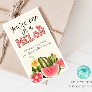 May include: A pink and white card with the text "You're one in a MELON" and a watermelon illustration. The card also includes the text "Thanks a bunch! Love from Sally Robinson".