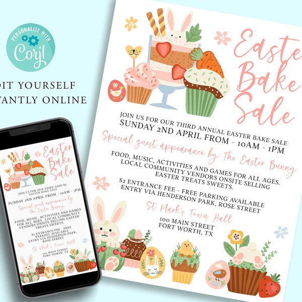 Editable EASTER BAKE SALE Flyer Template, Diy Market Sale, Market Flyer, Digital Invitation, Printable Invite, Instant, Cupcake, Cake