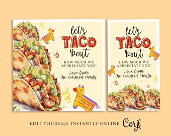 Op de afbeelding: Twee printbare kaarten met een kleurrijke illustratie van taco's en een feestelijke piñata. De tekst op de kaarten luidt "Let's Taco 'bout how much we appreciate you! Love from The Robinson Family."