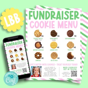 May include: A cookie menu with a green and pink striped background, featuring various cookie types and prices. A smartphone displays the same menu. A yellow flower-shaped logo and a "Personalize with Corjl" sticker are also present.