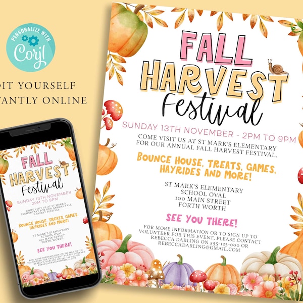 FALL FESTIVAL Flyer Template, DIY Market, Event Poster, Harvest Autumn, Digital Invitation, Printable Invite, Instant, Thanksgiving