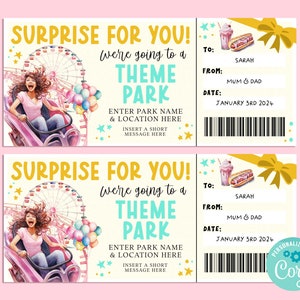 Surprise THEME PARK Editable Gift Ticket Template, Birthday Gift Certificate, Surprise Ticket, Getaway, INSTANT, Carnival, Amusement Park