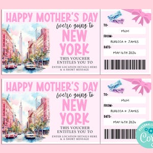 Billet-cadeau voyage à NEW YORK pour la fête des mères, carte-cadeau joyeux anniversaire, chèque-cadeau, billet surprise, vacances, escapade, Corjl IMPRIMABLE