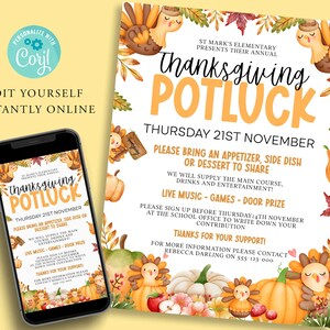 以下が含まれることがあります： 秋のテーマで、感謝祭のポットラックパーティーへの招待状です。招待状には、七面鳥、かぼちゃ、秋の紅葉を描いた水彩画が描かれています。テキストには「感謝祭ポットラック」とイベントの日時が記載されています。招待状には、持ち物や問い合わせ先に関する情報も記載されています。