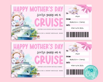 May include: A printable Mother's Day gift certificate with a pink and white watercolor design. The certificate says "Happy Mother's Day, we're going on a cruise." It includes a space to enter the location details, a short message, and the date. The certificate is decorated with a watercolor illustration of a cruise ship, a life preserver, and a pink bow.