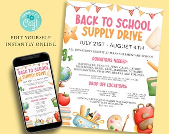 May include: A printable flyer with a watercolor illustration of school supplies, including a backpack, pencils, crayons, and a globe. The flyer announces a "Back to School Supply Drive" from July 21st to August 4th, with all donations benefiting St. Mark's Elementary School. The flyer lists the needed supplies and drop-off locations.