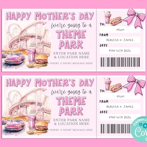 Mothers Day THEME PARK Editable Gift Ticket Template, Birthday Gift Certificate, Surprise Ticket, Getaway, INSTANT, Carnival, Amusement Park