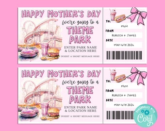 Mothers Day THEME PARK Editable Gift Ticket Template, Birthday Gift Certificate, Surprise Ticket, Getaway, INSTANT, Carnival, Amusement Park