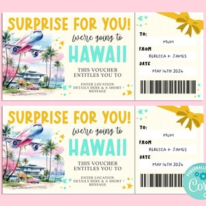 Billet cadeau voyage surprise à HAWA, carte-cadeau joyeux anniversaire, chèque-cadeau, cadeau surprise, vacances à la plage, escapade, Corjl IMPRIMABLE