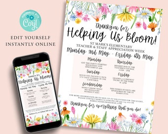 TEACHER APPRECIATION Editable Flyer Template, Staff Invite, Family Newsletter, PTO, Take Home Flyer, Bloom, Flower, Floral, Printable, Corjl