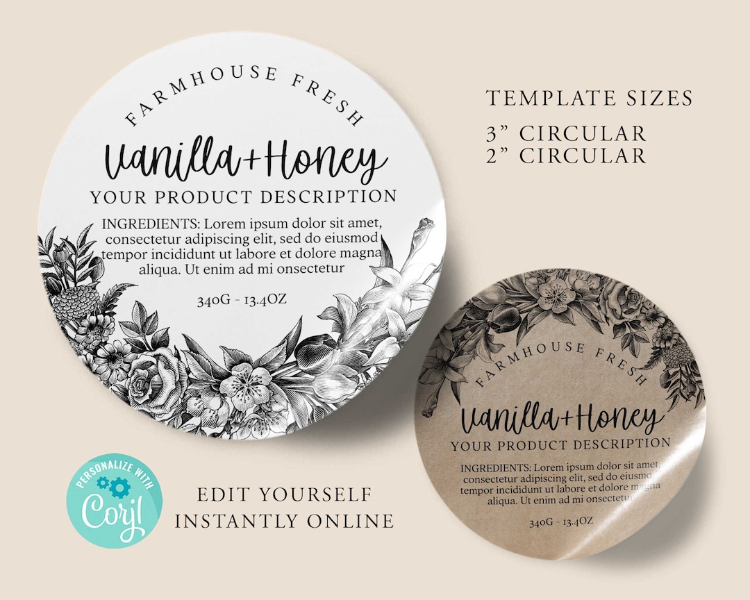Rustic Label Round Vintage Floral ROUND Editable Product Label, ORGANIC Custom Product ...