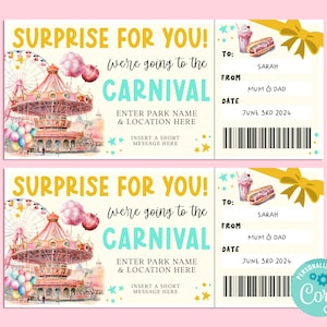 Surprise CARNIVAL Editable Gift Ticket Template, Birthday Gift Certificate, Surprise Ticket, Getaway, INSTANT, Theme Park, Amusement Park