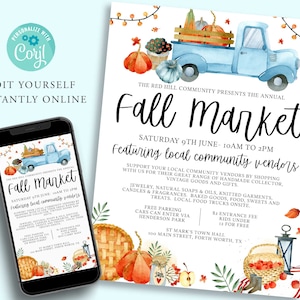May include: A printable flyer for a Fall Market event. The flyer features a watercolor illustration of a blue pickup truck with pumpkins and fall foliage. The text reads "The Red Hill Community Presents The Annual Fall Market, Saturday 9th June - 10am to 2pm, Featuring Local Community Vendors".