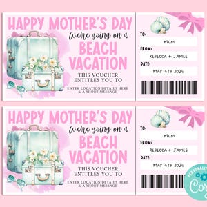 Modèle de billet cadeau modifiable pour un voyage à HAWA pour la fête des mères, carte-cadeau pour joyeux anniversaire, chèque-cadeau, billet surprise, vacances à la plage, escapade