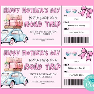Boleto de regalo ROAD TRIP del Día de las Madres, Tarjeta de regalo de feliz cumpleaños, Certificado de regalo, Boleto sorpresa, Vacaciones de viaje por carretera, Escapada, Corjl INSTANTÁNEO