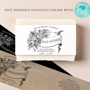 vintage FLORAL Banner Soap Label, Custom Product, DIY Soap Label, Editable, Diy Soap Packaging, Handmade Label, Market Label CORJL, Kraft