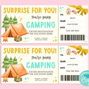 Bon cadeau CAMPING surprise, carte-cadeau joyeux anniversaire, chèque-cadeau, billet surprise, road trip vacances, glamping, corjl INSTANTANÉ