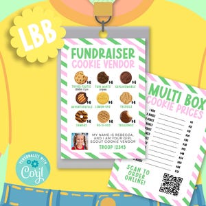 May include: A yellow shirt with a lanyard and a cookie vendor sign. The sign lists cookie varieties like Thin Mints and Samoas, with prices. A second sign shows multi-box prices. The text says "Scan to order online!"