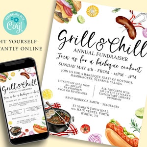 Editable BBQ Fundraiser Flyer Template, DIY Barbeque Sale, Event Poster, Grill and chill, Digital Invitation, Printable Invite Instant Corjl