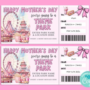 Mothers Day THEME PARK Editable Gift Ticket Template, Birthday Gift Certificate, Surprise Ticket, Getaway, INSTANT, Carnival, Amusement Park
