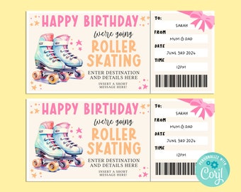 Birthday ROLLERSKATING Editable Gift Ticket Template, Birthday Gift Certificate, Surprise Ticket, INSTANT, Roller Blading, Skating, Retro