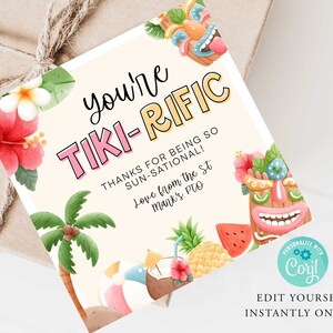 May include: A pink and yellow thank you card with a tiki theme. The card says "You're Tiki-Rific" and "Thanks for being so sun-sational! Love from the st. mank's Pro."