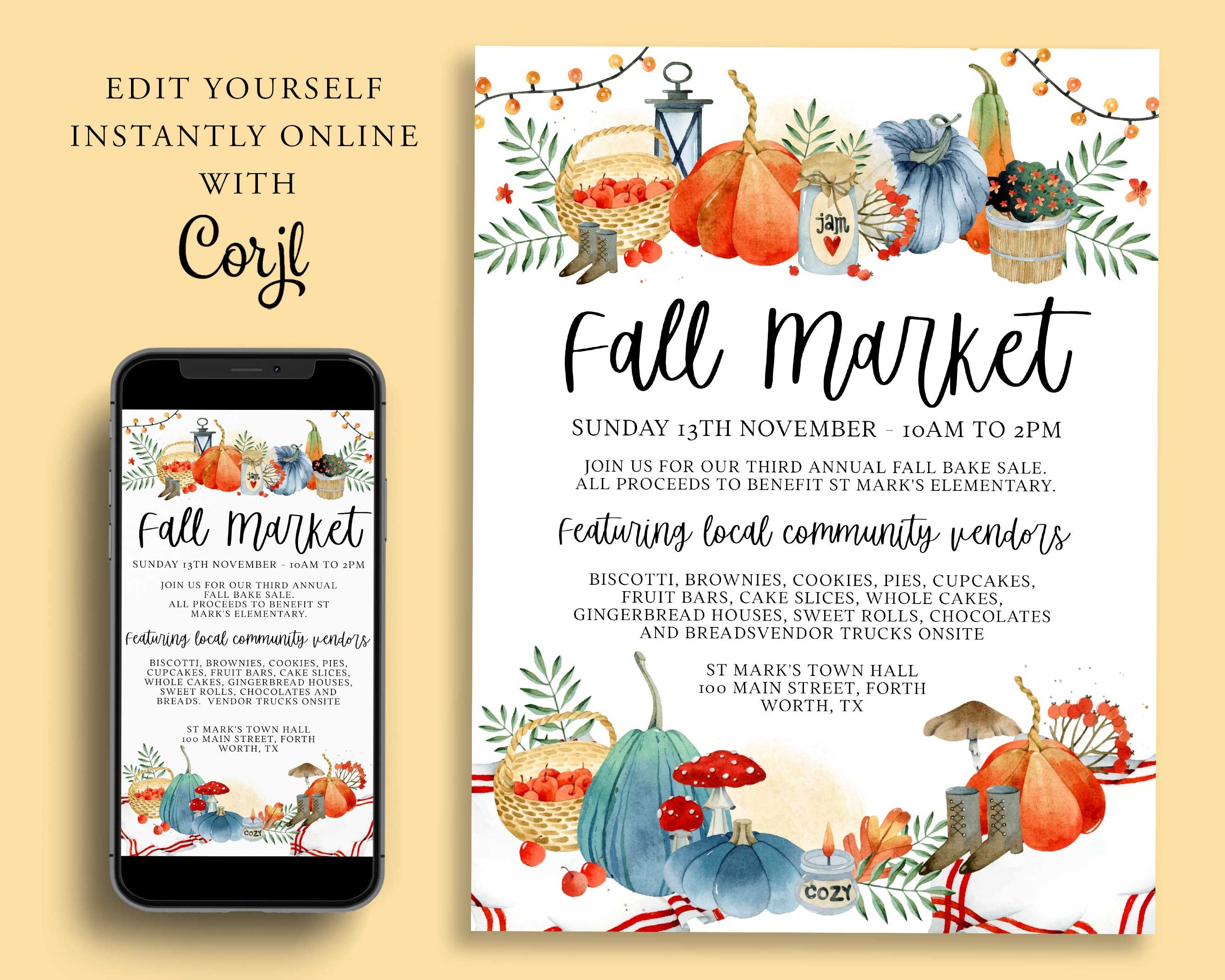 Fall Bazaar Template.pdf Editable HARVEST MARKET Flyer Template, DIY Market, Event Poster, Fall ...