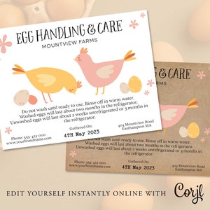 Plantilla de tarjeta de instrucciones de manipulación de huevos, etiqueta de cuidado de huevos frescos, etiqueta de cartón de huevos, mercado de agricultores, tarjeta de cuidado de huevos, imprimible, Corjl instantáneo