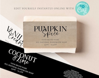 May include: Three bars of handmade soap with labels. The labels are brown with white text. The soap scents are Pumpkin Spice, Vanilla Cream, and Coconut & Lime. Each bar is 3.4 oz or 340 grams.